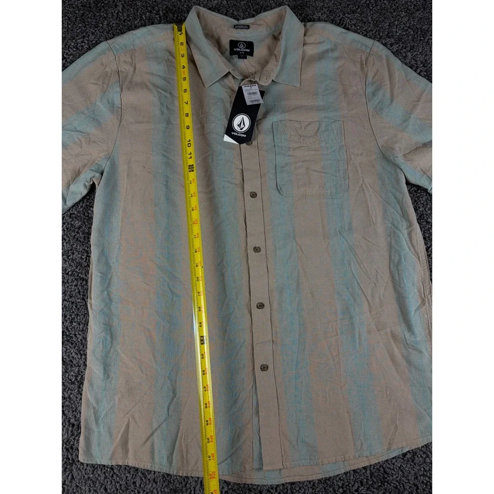 Volcom Flaxston Mens XL Short Sleeve Button Up Shirt Tan Blue Striped A0422402